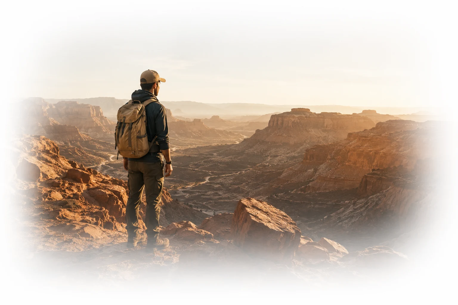 A hiker with a backpack watching the sunrise over a vast canyon