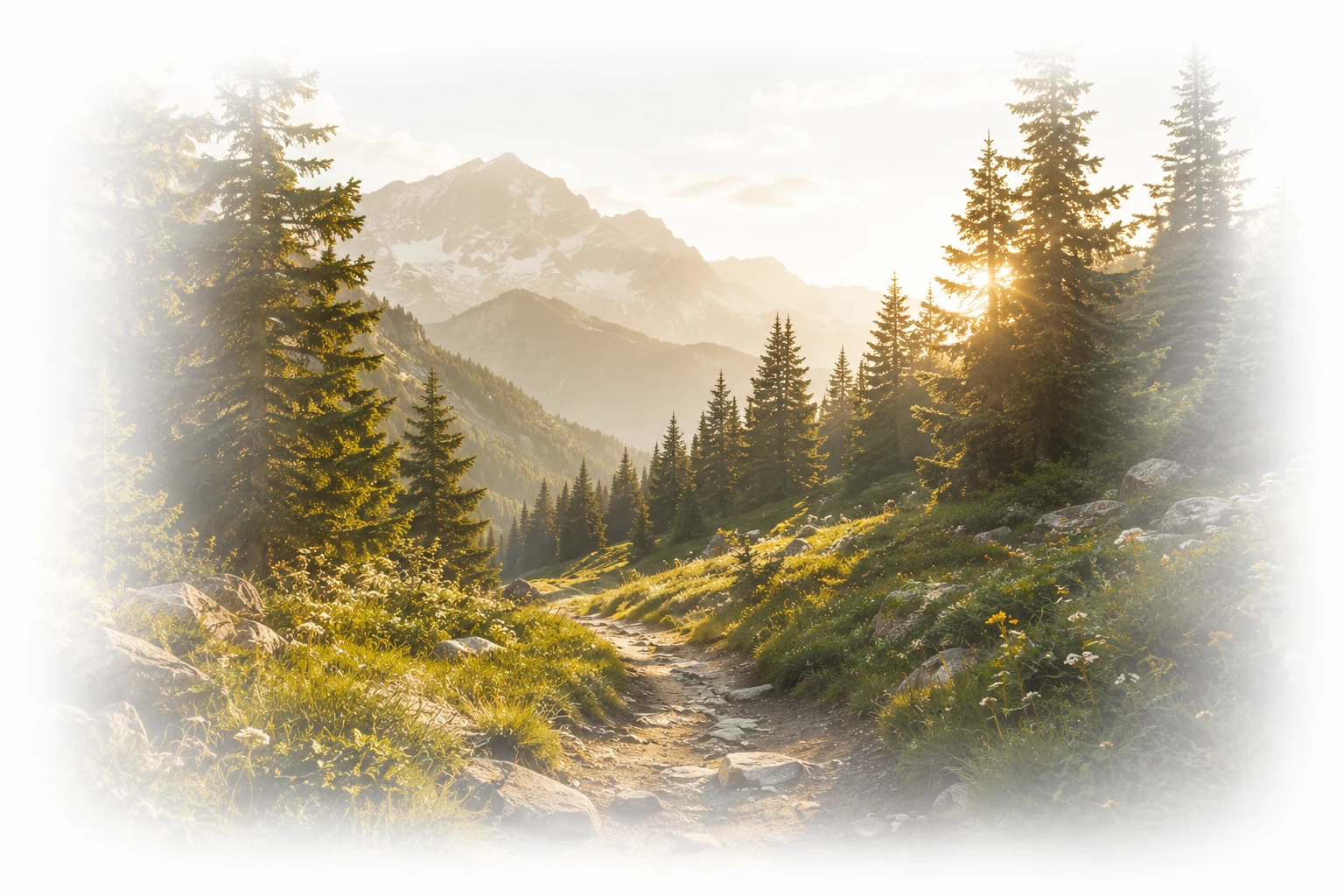 A sunlit mountain trail winding through tall evergreen trees